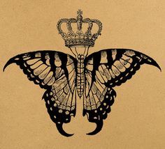 a drawing of a butterfly with a crown on its back and wings spread out to the side