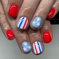 4th Of July Nails With Pink, 4h Of July Nails, Olympics Nail Art, Short Nails 4th Of July, Fourth Of July Manicure, Usmc Nails Designs, Pink Fourth Of July Nails, Team Usa Nails, July 4th Gel Nails