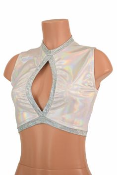 "This item is made to order, please read all the way through the listing before purchasing! This crop top is made from four way stretch lycra spandex in Flashbulb Holographic. Frostbite Shattered Glass fabric accents around the middle opening, neckline, and hemline. It features a keyhole design in front, with a high back, and fits like a glove! TOP LENGTH: Underarm to hemline measures 8\" Womens Sizing (See below for instructions on where measurements should be taken) XXS: Bust 29\"-30\" / Waist Fitted Tank Vest For Club, White Stretch Tank Top For Club, Fitted Party Vest Crop Top, White Fitted Tank Halter Top, Rave Sleeveless Tops For Club, Fitted White Tank Halter Top, Sleeveless Rave Tops For Club, Sleeveless Stretch Rave Tops, Stretch Sleeveless Rave Tops