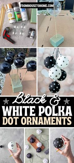 DIY Black And White Polka Dot Christmas Ornaments. | DIY Christmas Decor Dot Christmas Ornaments, Black And White Christmas Ornaments, Christmas Tree Colour Scheme, Polka Dot Christmas, Black And White Christmas, Sewing Room Storage, White Christmas Ornaments, Spray Paint Cans, Christmas Organization