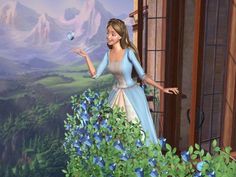 an animated image of a princess standing in front of a window with blue flowers on it