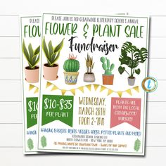 two flyers for a flower and plant sale with cactuses, succulents, cacti