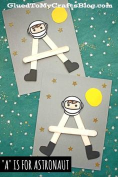 two pictures of astronauts made out of popsicle sticks