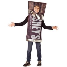 a young boy wearing a costume made to look like he is holding a chocolate bar