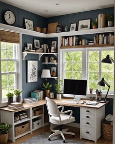 a home office with two desks and shelves filled with books, plants, and pictures