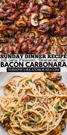 Crispy bacon, mushrooms, garlic, and spaghetti tossed with eggs and parmesan cheese. Winter Sunday Dinner, Caramelized Garlic, Mushroom Carbonara, Carbonara Ingredients, Winter Sunday, Bacon Carbonara, Egg Sauce, Bacon Mushroom, Carbonara Sauce