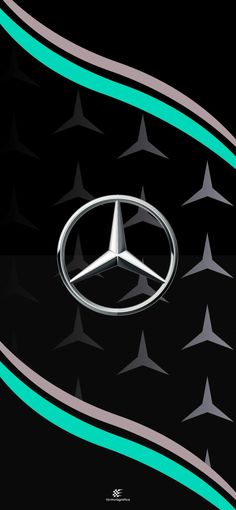 the mercedes logo is surrounded by silver stars and blue lines on a black background with green accents