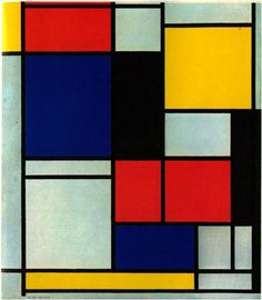 an abstract painting with squares and lines in red, yellow, blue, black and white