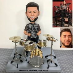 a bobble head with a drum set on top of it and a photo of the drummer