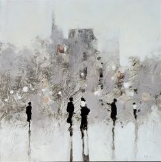 an abstract painting of people walking in the snow