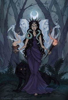 an illustration of a woman with horns and two cats standing in the woods, surrounded by trees