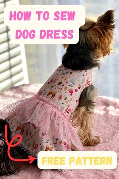 a small dog wearing a dress sitting on top of a pink blanket with the words how to sew dog dress below it