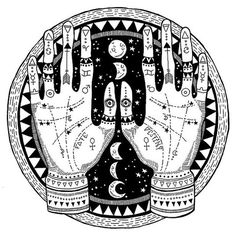 two hands holding each other in the middle of a circle with stars and moon symbols on it