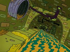 an animated image of a tunnel with yellow and green lines on the floor, as if it were in a sci - fi movie