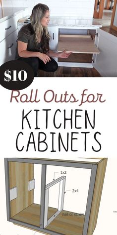 a woman sitting in front of a kitchen cabinet with the words roll outs for kitchen cabinets