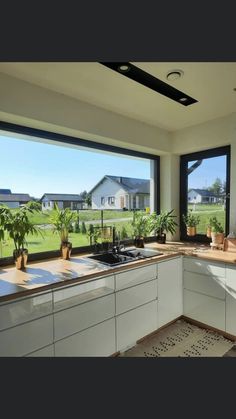 a kitchen with lots of windows and plants on the counter top in front of it