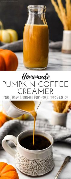 homemade pumpkin coffee creamer is being poured into a cup