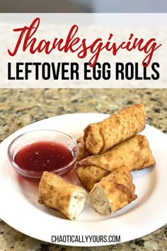 thanksgiving leftover egg rolls on a plate with dipping sauce