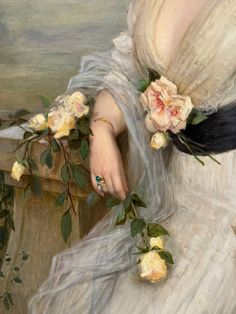 a painting of a woman in a white dress with flowers around her waist and arm