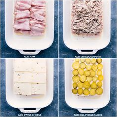 four different types of food are shown in the same pan, including meats and cheese