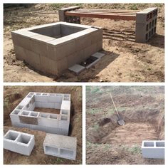 four different views of cinder blocks being built in the ground and laying on the ground