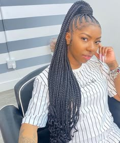 Check out this and 30 more cute cornrow stitch braids hairstyles. Feed In Braids Ponytail, Long Cornrows, Feed In Braids, Girl Braided Hairstyles, African Hair Braiding Styles, Hairstyles Pictures