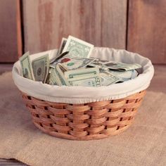 a basket filled with money sitting on top of a table