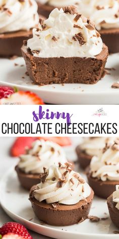 chocolate cheesecakes with whipped cream on top and topped with strawberries in the background