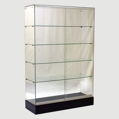 a black and white display case with four shelves