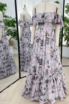 Feminine Chiffon Floral Dress With Ruffles, Feminine Floral Chiffon Dress With Ruffles, Tiered Chiffon Floral Dress With Floral Print, Tiered Chiffon Floral Dress For Summer, Summer Tiered Chiffon Floral Dress, Summer Georgette Maxi Dress With Ruffles, Summer Chiffon Floral Dress In Tiered Style, Feminine Floral Print Chiffon Dress For Wedding, Feminine Chiffon Dress With Floral Print For Wedding