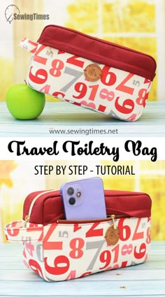 the travel toiletry bag is made from fabric and has numbers on it, as well as an apple