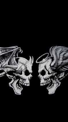 two skulls with wings are shown in black and white