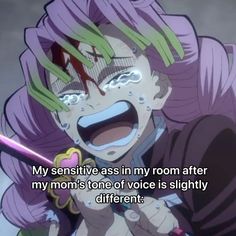 an anime character with purple hair and green eyes