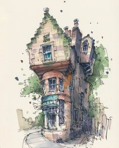 a watercolor drawing of a house on a street corner