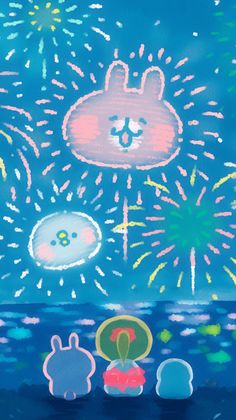 an image of fireworks in the sky over water and animals with umbrellas on them