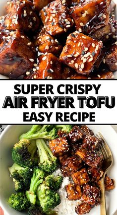 two pictures with the words super crispy air fryer tofu easy recipe