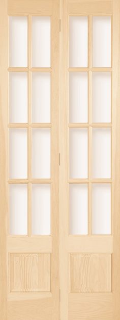 a pair of doors with clear glass on the front and side panels in light wood