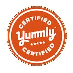 the certified yummy logo is orange and white with stars on it's center