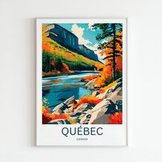 a poster with the name queeec in front of a river and mountain range