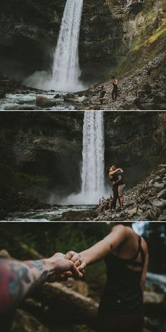 two people holding hands in front of a waterfall