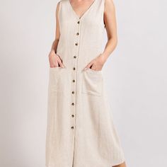 Sleeveless V-Neck Middy Dress Featuring Two Front Pockets And A Button Down Front Closure. Really Nice Linen Blend Fabric. Middy Dress, Button Down Midi Dress, Sleeveless Long Dress, Button Down Dress, A Button, Pajama Shirt, Walker Boots, Fit N Flare Dress, Pocket Dress