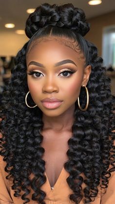 👱 Pristine Black Hair Styles Ponytails Prom Hairstyle Ideas | Transformative Allure Black Simple Hairstyles, Crochet Hairstyles With Braiding Hair, Ponytail Crochet Hairstyles, Halo Hairstyles For Black Women, Half Braids Half Down, Up Hairstyles Black Women, Curly Hair Looks For Prom, 2025 Hair Styles, Short Curly Ponytail Weave