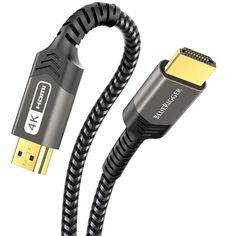 a black and gold colored cable connected to an external hd adapter on a white background