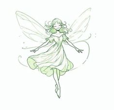 a drawing of a fairy with green wings and a white dress, flying through the air