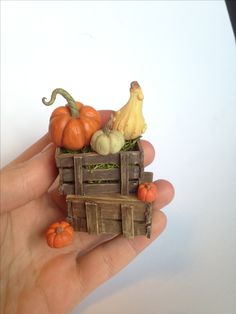 a hand holding a miniature wooden crate with pumpkins and gourds