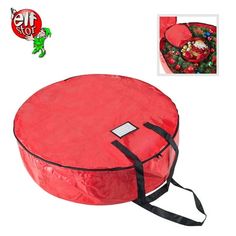 a red round bag with christmas decorations on it