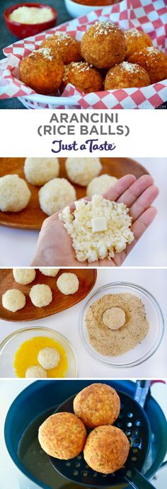 an image of rice balls being made in the air fryer and then put on plates