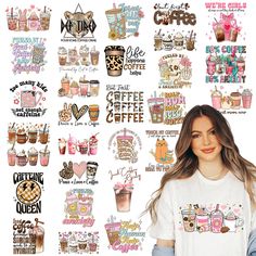 a woman standing in front of a wall full of coffee and donuts stickers