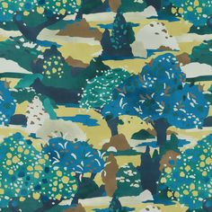 an abstract painting with trees and bushes in blue, green, yellow and brown colors