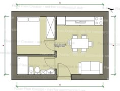 a floor plan for a small apartment with one bedroom and two bathrooms, including the living room